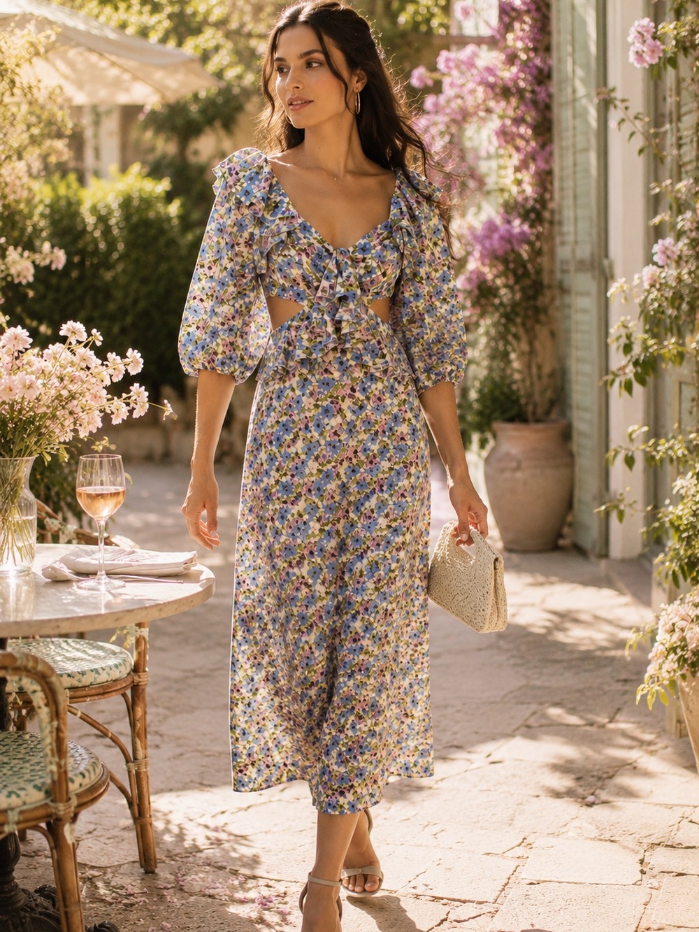 Nobody’s Child Floral Cutout Midi Dress Puff Sleeve Blue Pink US 8